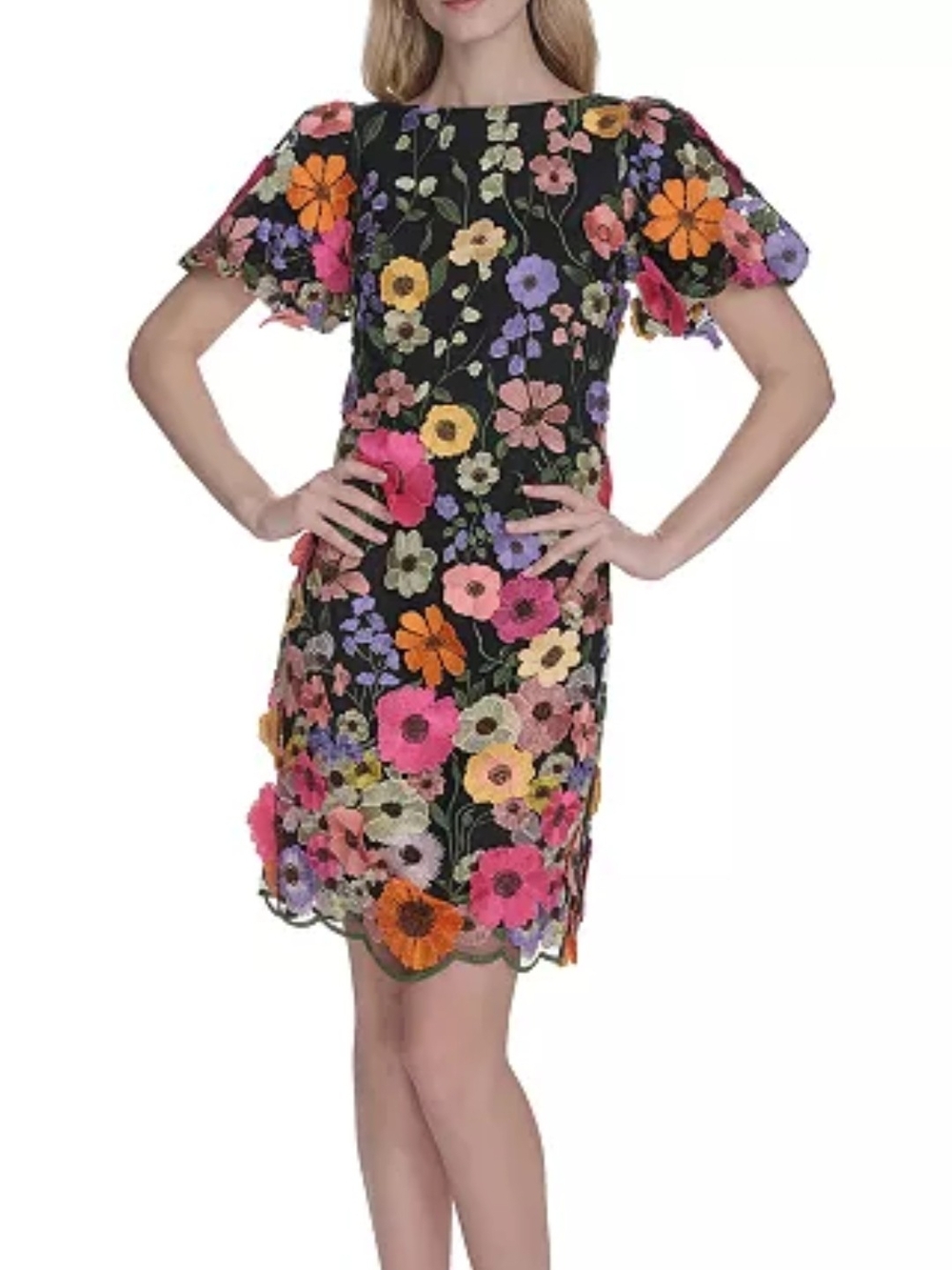 Eliza J Black Mini Dress with Multicolor Floral Embroidery